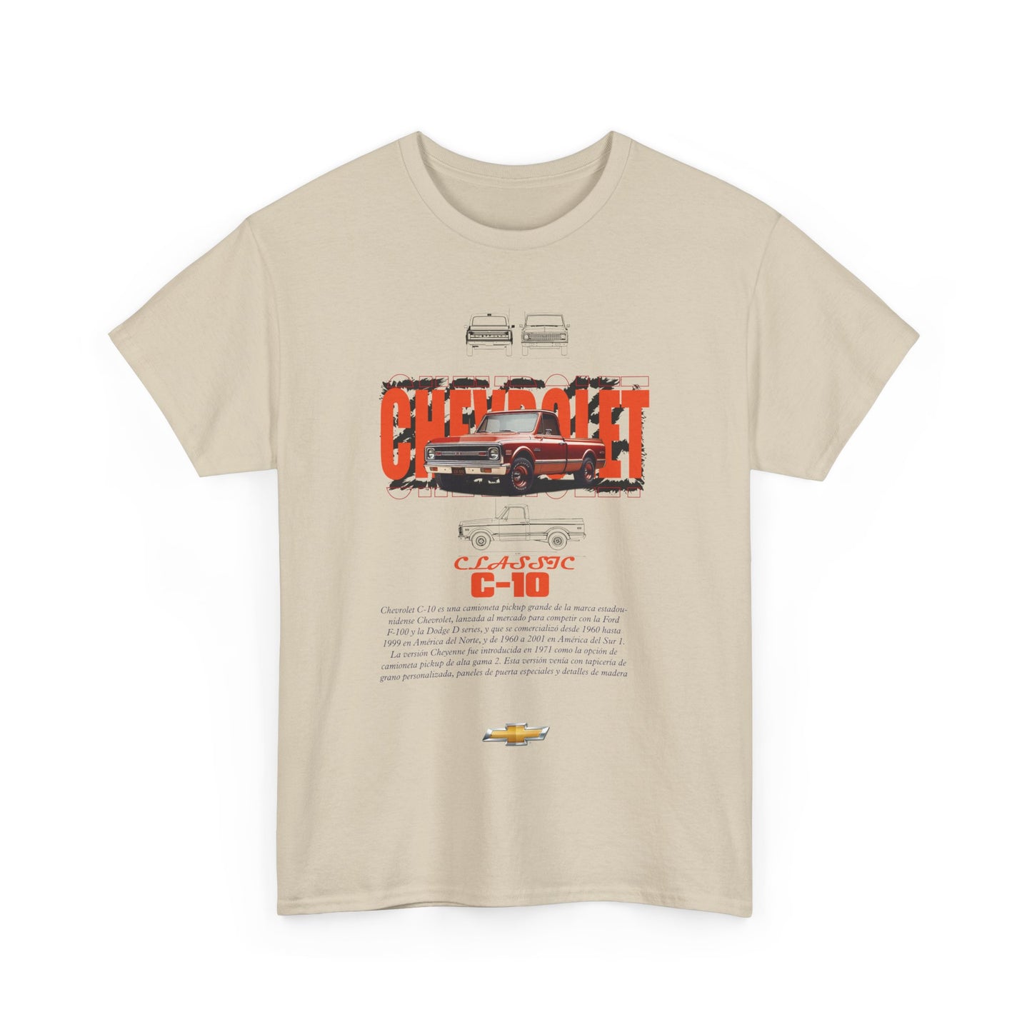 Chic beige t-shirt adorned with a vintage Chevrolet C-10 graphic, showcasing automotive heritage and artistry.