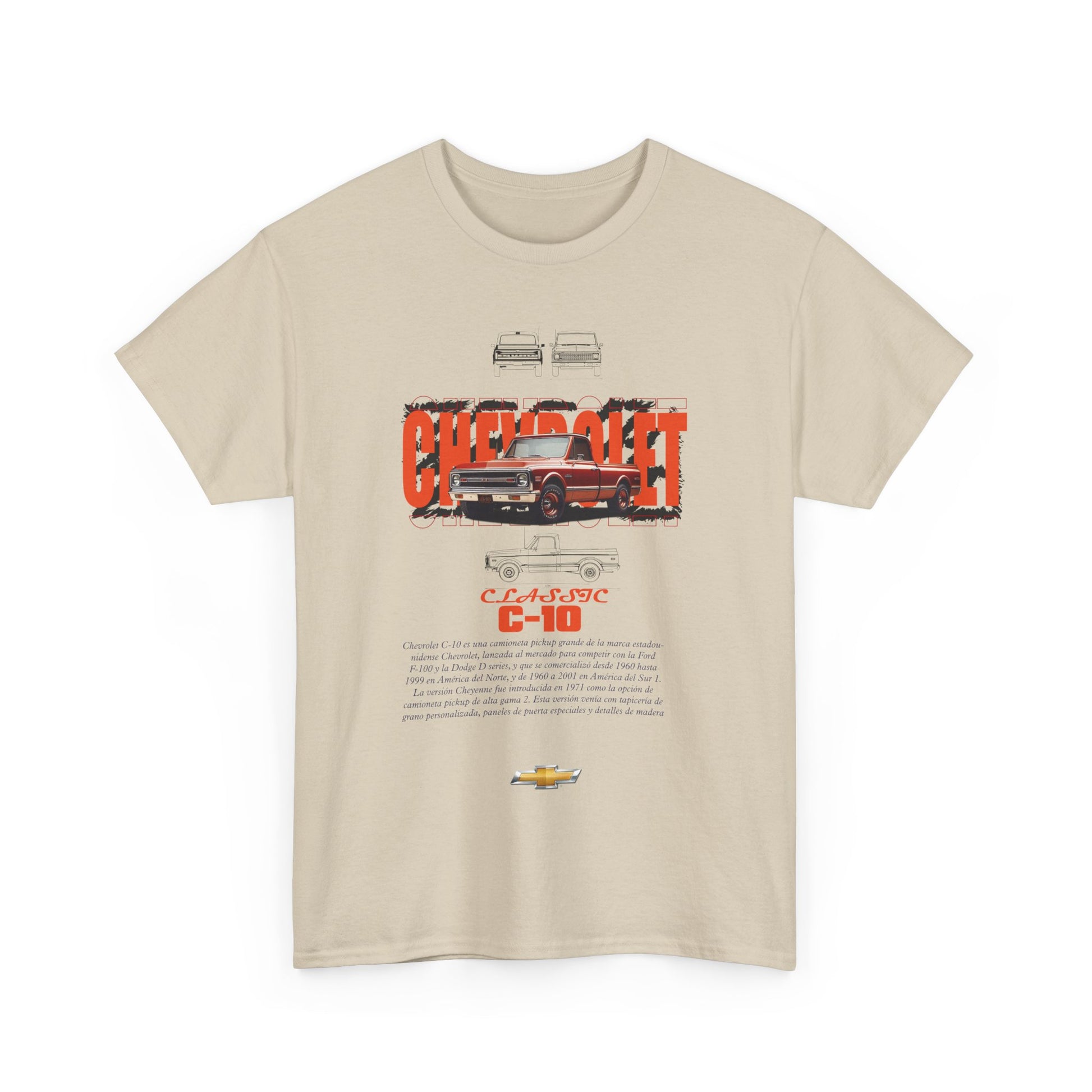 Chic beige t-shirt adorned with a vintage Chevrolet C-10 graphic, showcasing automotive heritage and artistry.