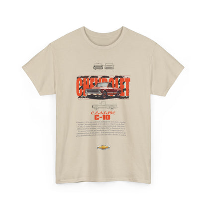 Chic beige t-shirt adorned with a vintage Chevrolet C-10 graphic, showcasing automotive heritage and artistry.