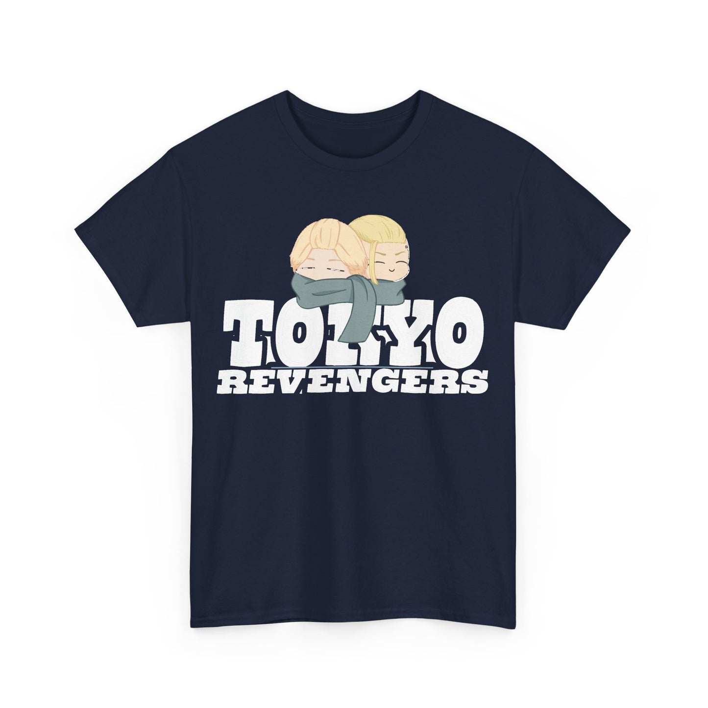 Stylish Tokyo Revengers graphic t-shirt in navy, featuring an artistic portrayal of characters with bold lettering, a true statement piece for anime lovers.