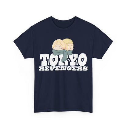 Stylish Tokyo Revengers graphic t-shirt in navy, featuring an artistic portrayal of characters with bold lettering, a true statement piece for anime lovers.
