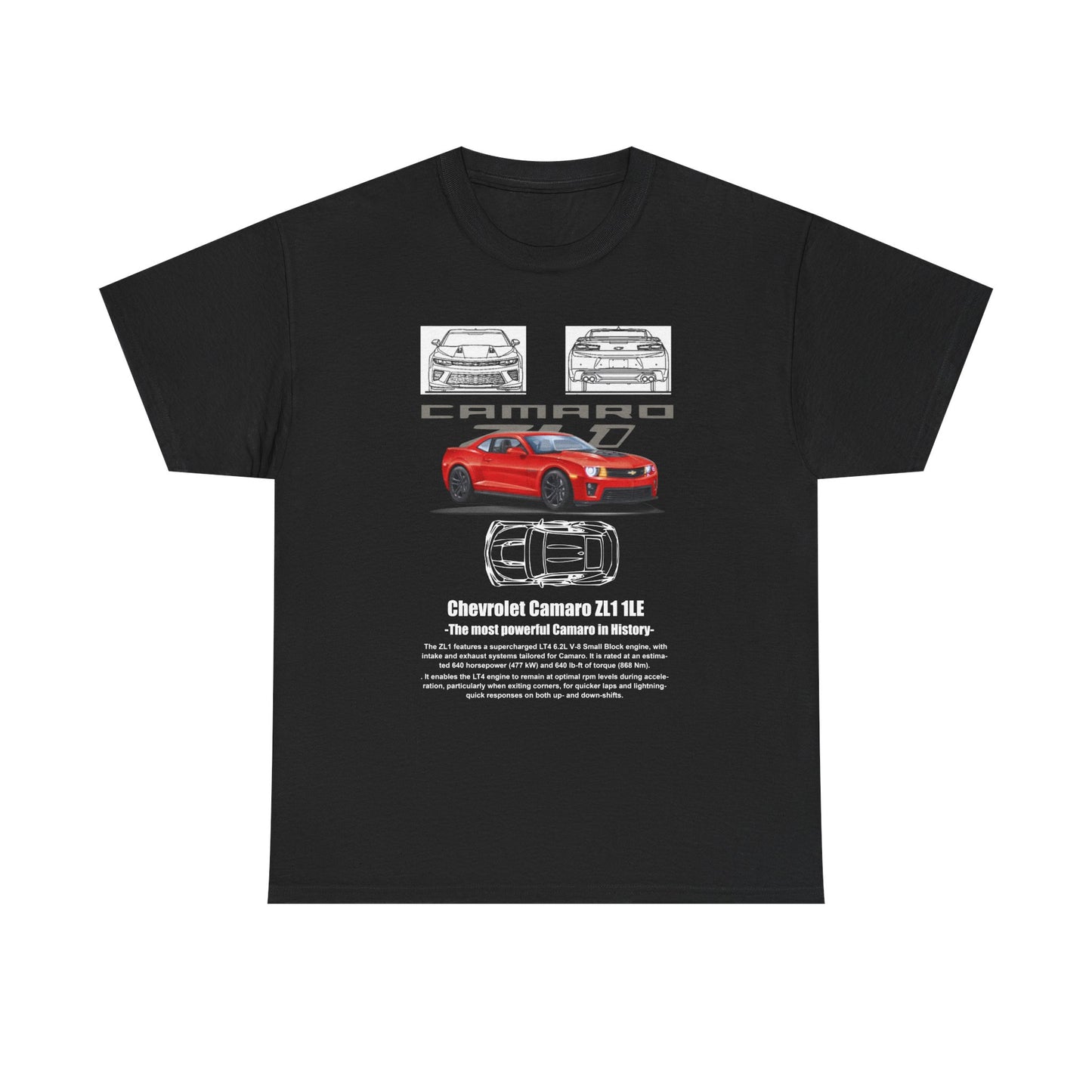 Luxury Men's Chevrolet Camaro ZL1 1LE T-shirt in black featuring a striking design with the iconic Camaro logo, bold red car illustration, and detailed vehicle schematics, embodying performance and style for automotive enthusiasts.