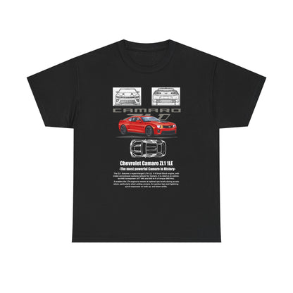 Luxury Men's Chevrolet Camaro ZL1 1LE T-shirt in black featuring a striking design with the iconic Camaro logo, bold red car illustration, and detailed vehicle schematics, embodying performance and style for automotive enthusiasts.