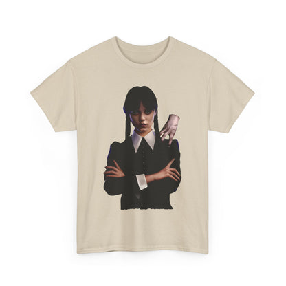 Sophisticated front view of the Wednesday and Thing Graphic Unisex Graphic Tee Shirt in a neutral hue, featuring an artful graphic of Wednesday Addams with her companion, Thing.