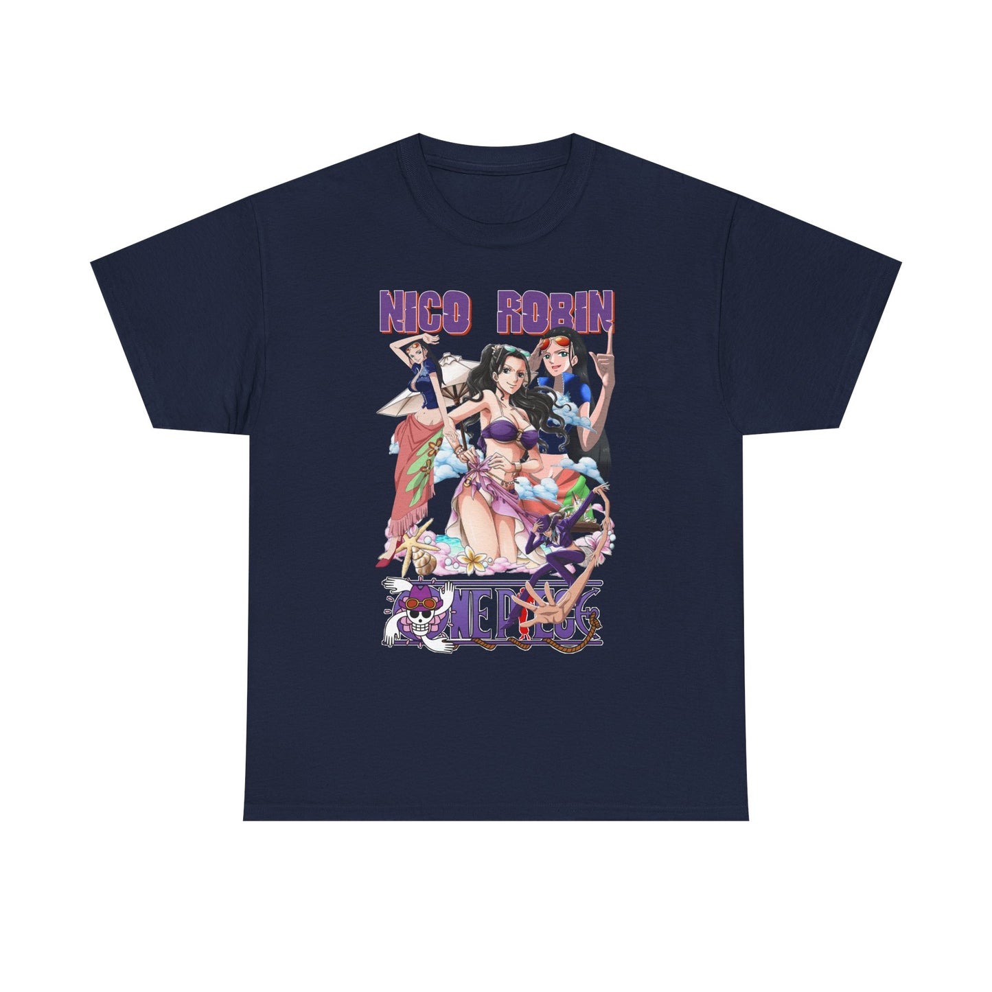 Refined navy t-shirt with striking anime graphics of Nico Robin and friends in lively beach attire, perfect for those seeking a unique fashion statement with a touch of luxury.