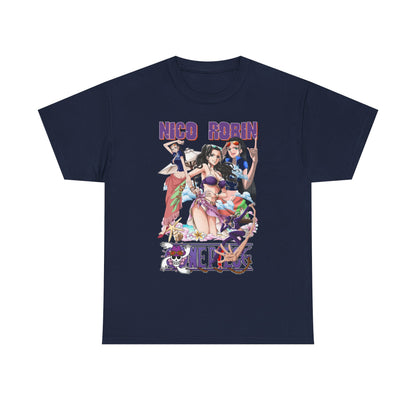 Refined navy t-shirt with striking anime graphics of Nico Robin and friends in lively beach attire, perfect for those seeking a unique fashion statement with a touch of luxury.