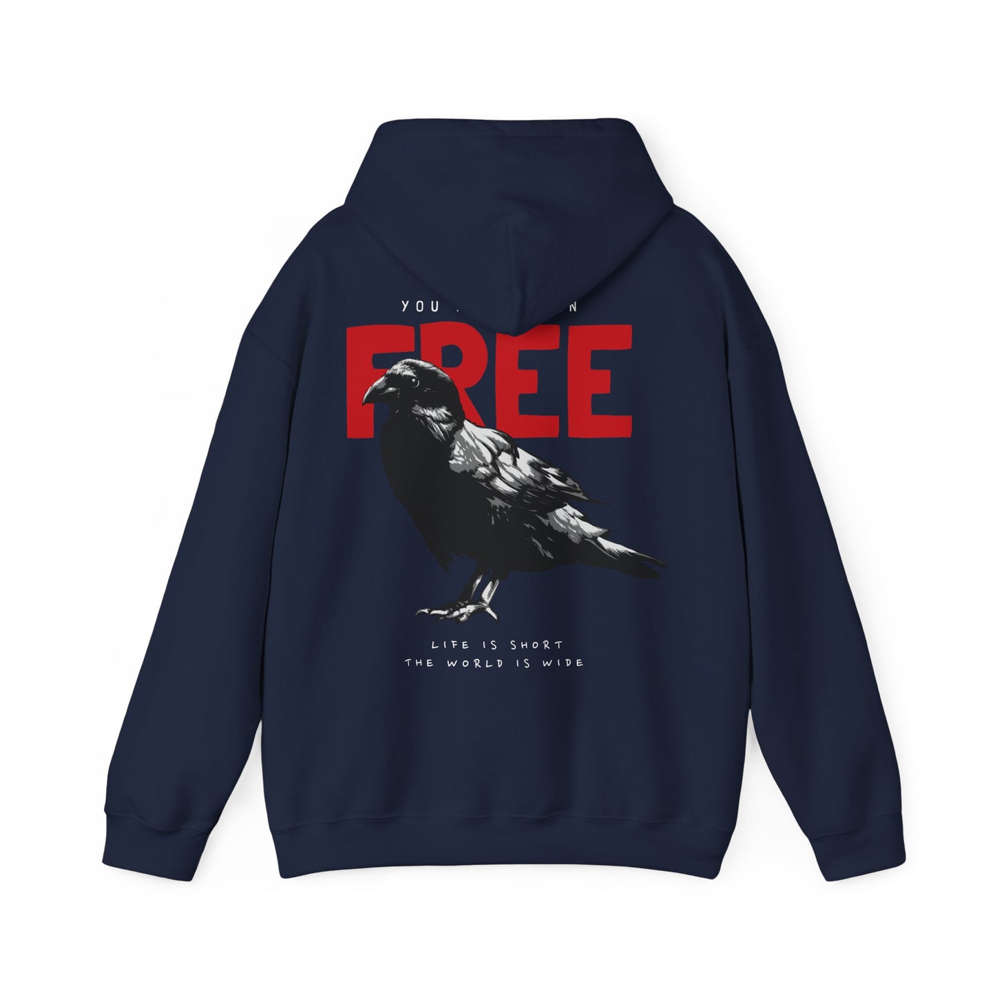 Luxurious navy hoodie featuring a stunning raven design and the empowering words 'YOU WERE BORN FREE' in striking red font. The subtle elegance of the quote adds depth, making it an exquisite addition to any refined wardrobe.