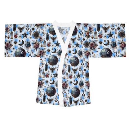 Sophisticated Floral Kimono Robe showcasing a unique celestial design, made for women's luxury lounge wear. Embrace comfort and style in this boho chic bathrobe.