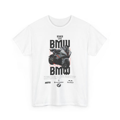 Stylish men's t-shirt displaying a bold BMW motorcycle graphic, merging iconic branding with dynamic design elements, perfect for bike enthusiasts.