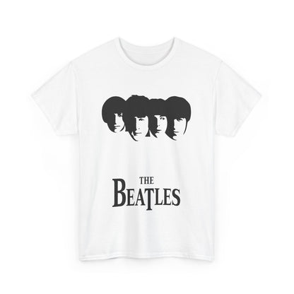 Vintage Beatles Logo Graphic Tee in white featuring the classic Beatles logo and silhouettes, a luxurious choice for any fan of timeless music history.