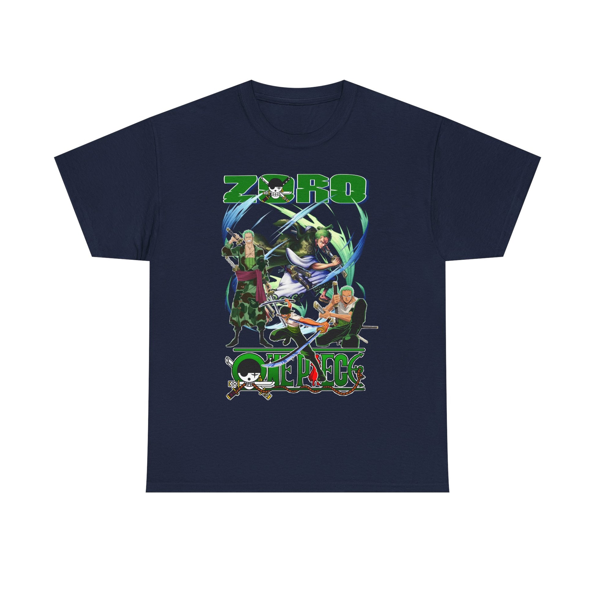 Refined One Piece Men's T-Shirt in navy, featuring a detailed graphic of Zoro and friends, perfect for discerning fans seeking a premium style statement.