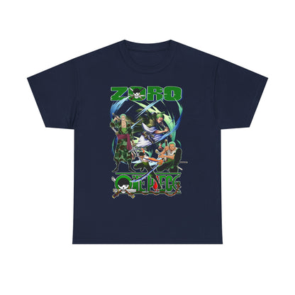Refined One Piece Men's T-Shirt in navy, featuring a detailed graphic of Zoro and friends, perfect for discerning fans seeking a premium style statement.