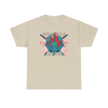 Elegant men's t-shirt featuring a striking warrior graphic design with a stylized oni mask, vibrant dragons, and intricate katana motifs, perfect for showcasing individuality.