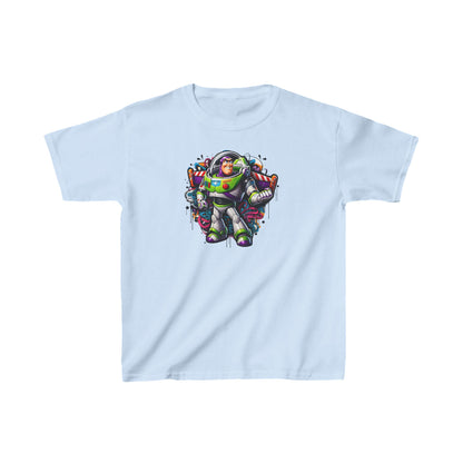 Chic light blue unisex graphic tee with an eye-catching Buzz Lightyear graffiti illustration, ideal for kids.