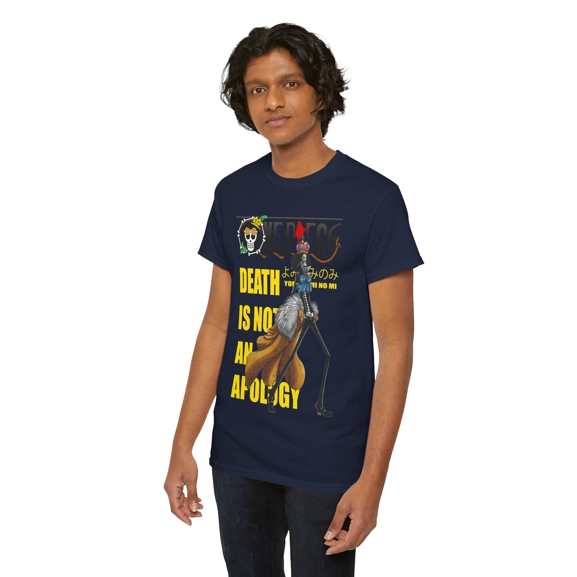 Sophisticated navy blue t-shirt showcasing a detailed graphic of a character with a bold inscription, ideal for anime fans wanting to express their style with luxury.