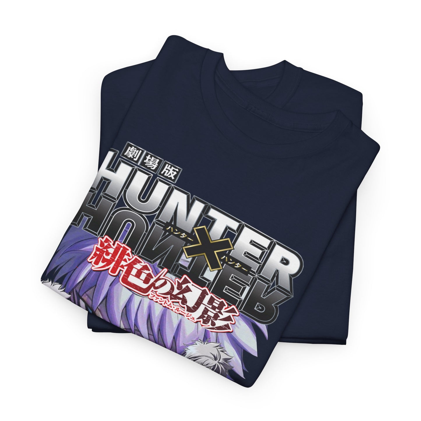 Elegantly folded navy blue anime graphic t-shirt adorned with detailed illustrations of Killua and Gon from Hunter x Hunter, perfect for stylish anime enthusiasts.