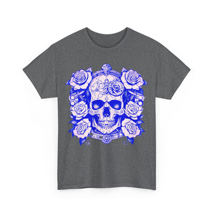 Front view of the Skulls and Roses Cotton Tee, featuring an intricate graphic design of skulls and roses in a steampunk style, showcasing luxury and individuality.