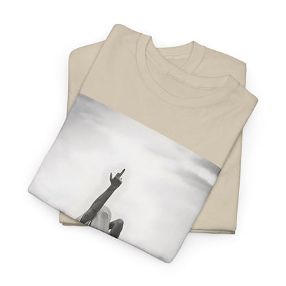 Middle Finger Girl Graphic T-Shirt layered elegantly, featuring a minimalist black and white graphic of a woman with a powerful pose, reflecting a statement of strength and confidence in luxury cotton fabric.
