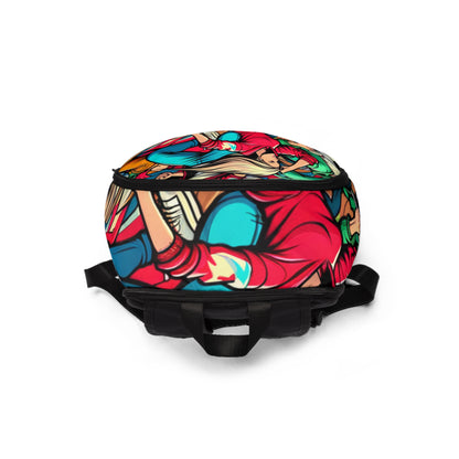 Luxurious Vivid Cartoon Character Backpack by Dazzling Dreams Studio showcasing vibrant imagery of exaggerated characters, ideal for adding a playful touch to your everyday outfits.
