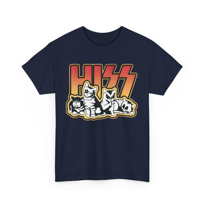 Hiss Cats Rock Band Star Wars Graphic T-Shirt in navy blue, featuring a bold graphic design of the word 'HISS' with stylized cats, embodying a luxurious blend of rock n' roll aesthetic and playful charm.