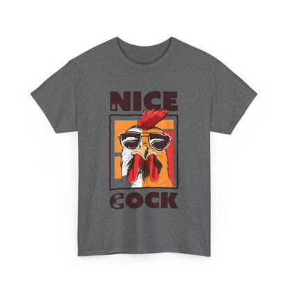 Unisex Nice Cock Graphic Tee in dark grey featuring a vibrant cartoon chicken design, perfect for making a stylish statement.