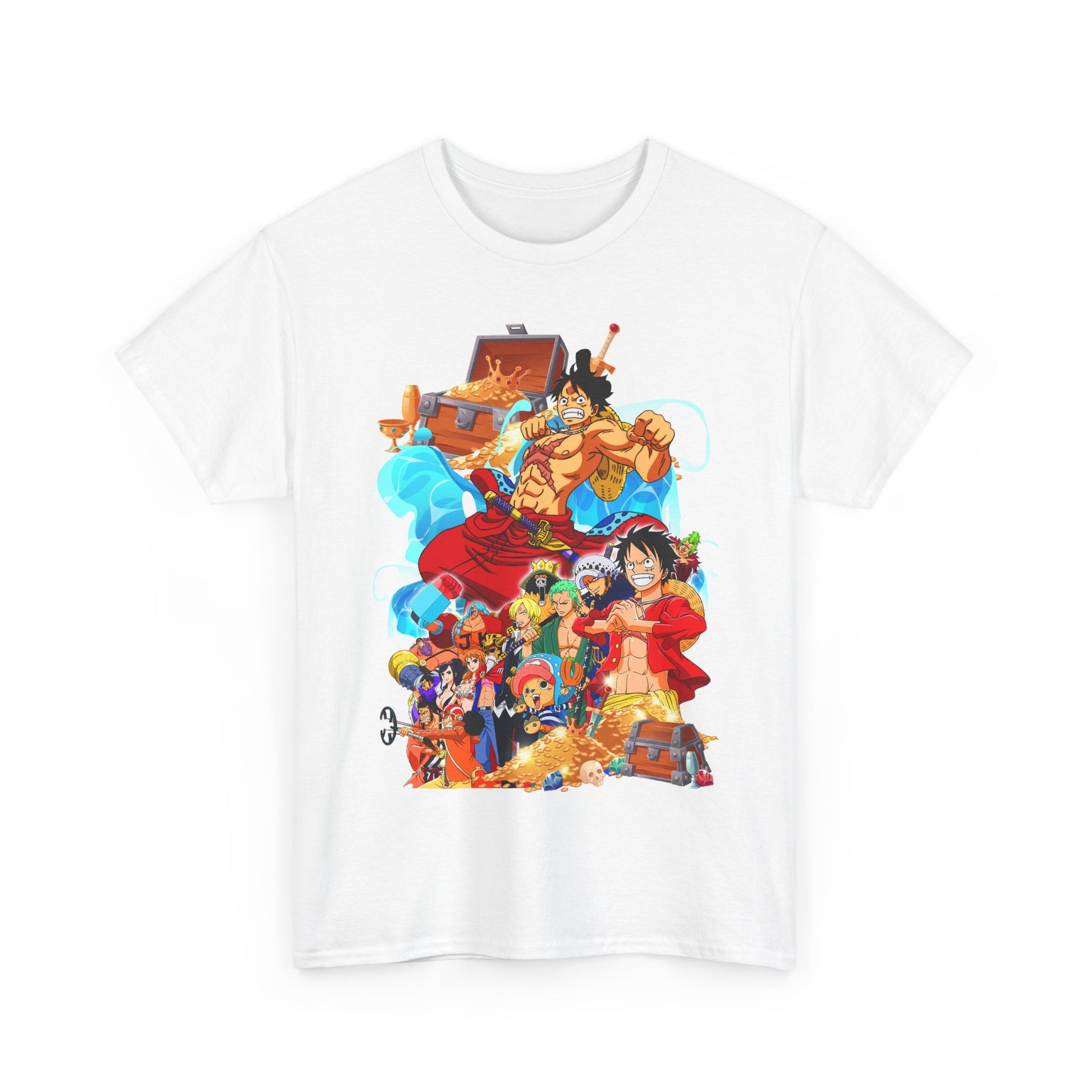 Striking white T-shirt showcasing a vibrant, detailed illustration of iconic anime characters celebrating adventure and camaraderie.