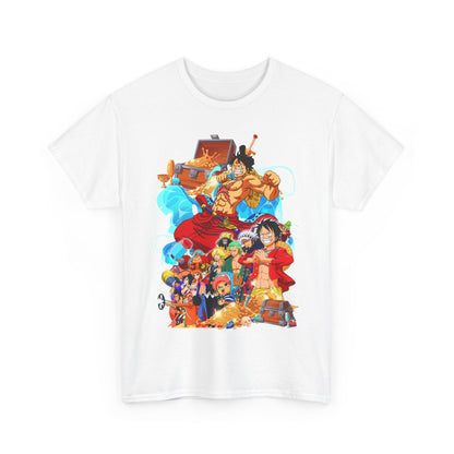 Striking white T-shirt showcasing a vibrant, detailed illustration of iconic anime characters celebrating adventure and camaraderie.