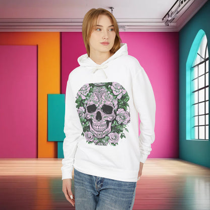 Model showcasing a Unisex Lightweight Hooded Sweatshirt in white with a unique skull and roses print, elegantly styled against a colourful backdrop, emphasizing individuality and luxury.