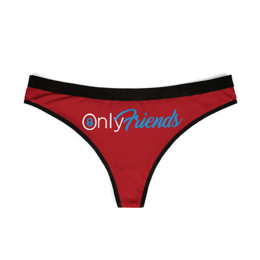 Sleek red thong panties displaying the 'OnlyFriends' logo, perfect for adding a chic touch to intimate apparel.