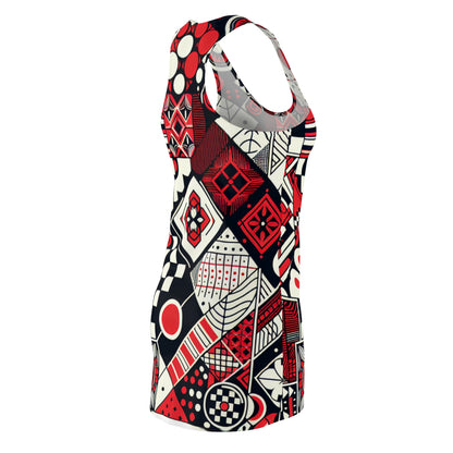 Close-up of Valeria Belmonte Racerback Dress featuring intricate organic motifs on vibrant red checkerboard fabric, epitomising elegant fashion.