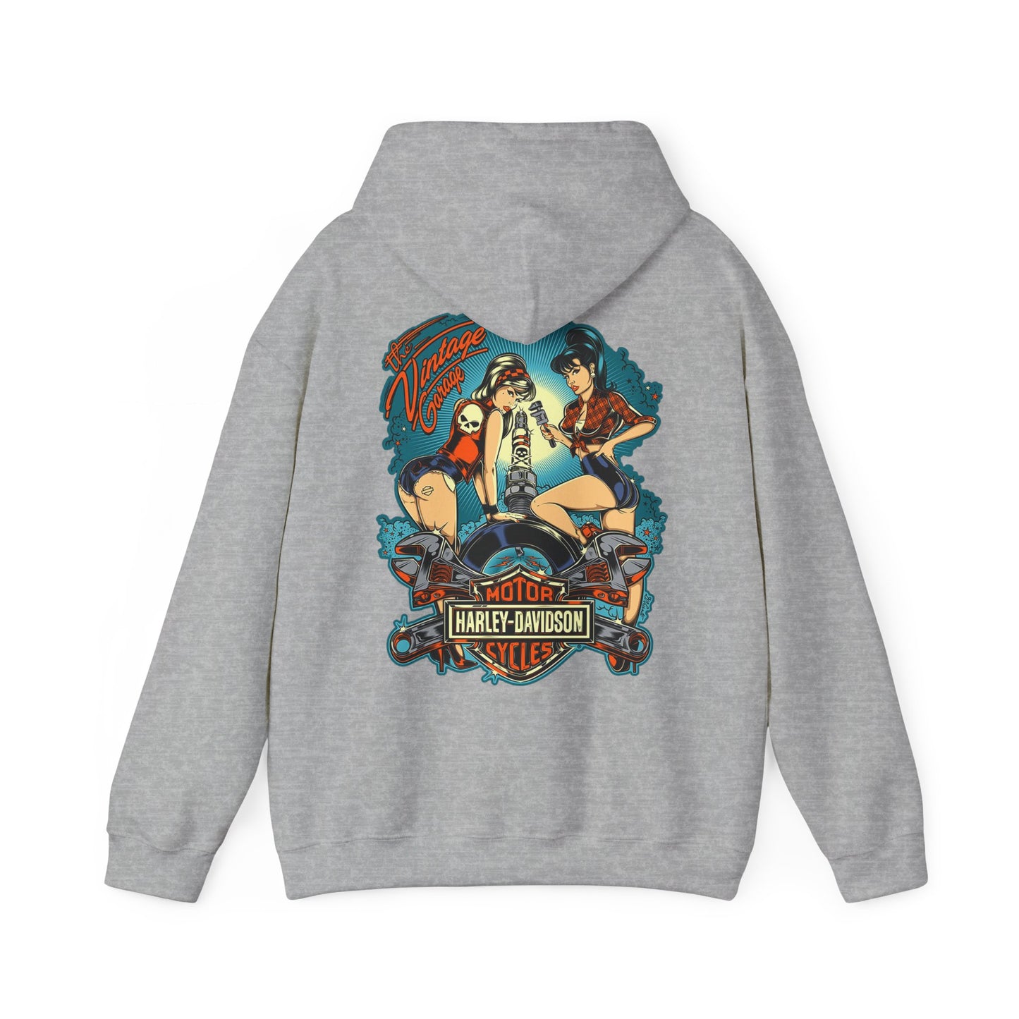 Sophisticated light grey hoodie with a captivating back print of retro pin-up girls and a motorcycle, enhanced by an artistic and colourful design, ideal for a stylish look.
