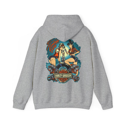 Sophisticated light grey hoodie with a captivating back print of retro pin-up girls and a motorcycle, enhanced by an artistic and colourful design, ideal for a stylish look.