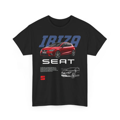 Stylish black men's t-shirt featuring the SEAT Ibiza car design with bold lettering, perfect for automotive enthusiasts.