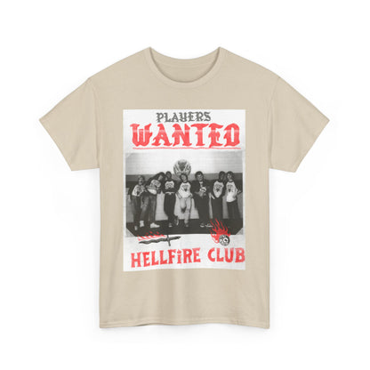 Sophisticated beige t-shirt adorned with a vintage 'Hellfire Club' graphic and 'PLAYERS WANTED' text, combining comfort and a nod to pop culture for discerning fans.
