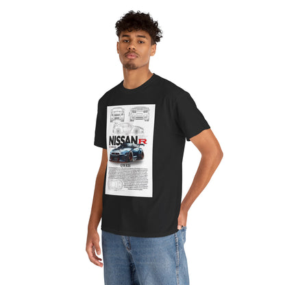 Men's unisex Nissan GTR R35 t-shirt featuring technical illustration and car design, showcasing the iconic form of the GTR R35 in a sophisticated graphic layout.