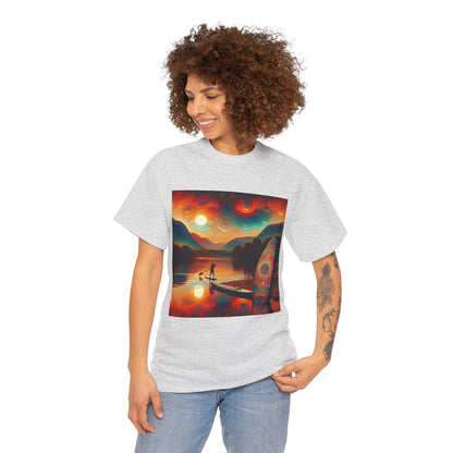 Model wearing the Premium Paddleboarding Scene T-Shirt by Dazzling Dreams Studio against a picturesque waterfront backdrop, exemplifying outdoor adventure.