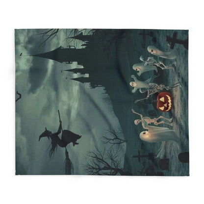 Artistic view of the Decorative and Warm Halloween Spooky Arctic Fleece Blanket featuring an immersive Halloween scene with a witch and dancing ghosts, expertly designed to enhance your seasonal aesthetics.