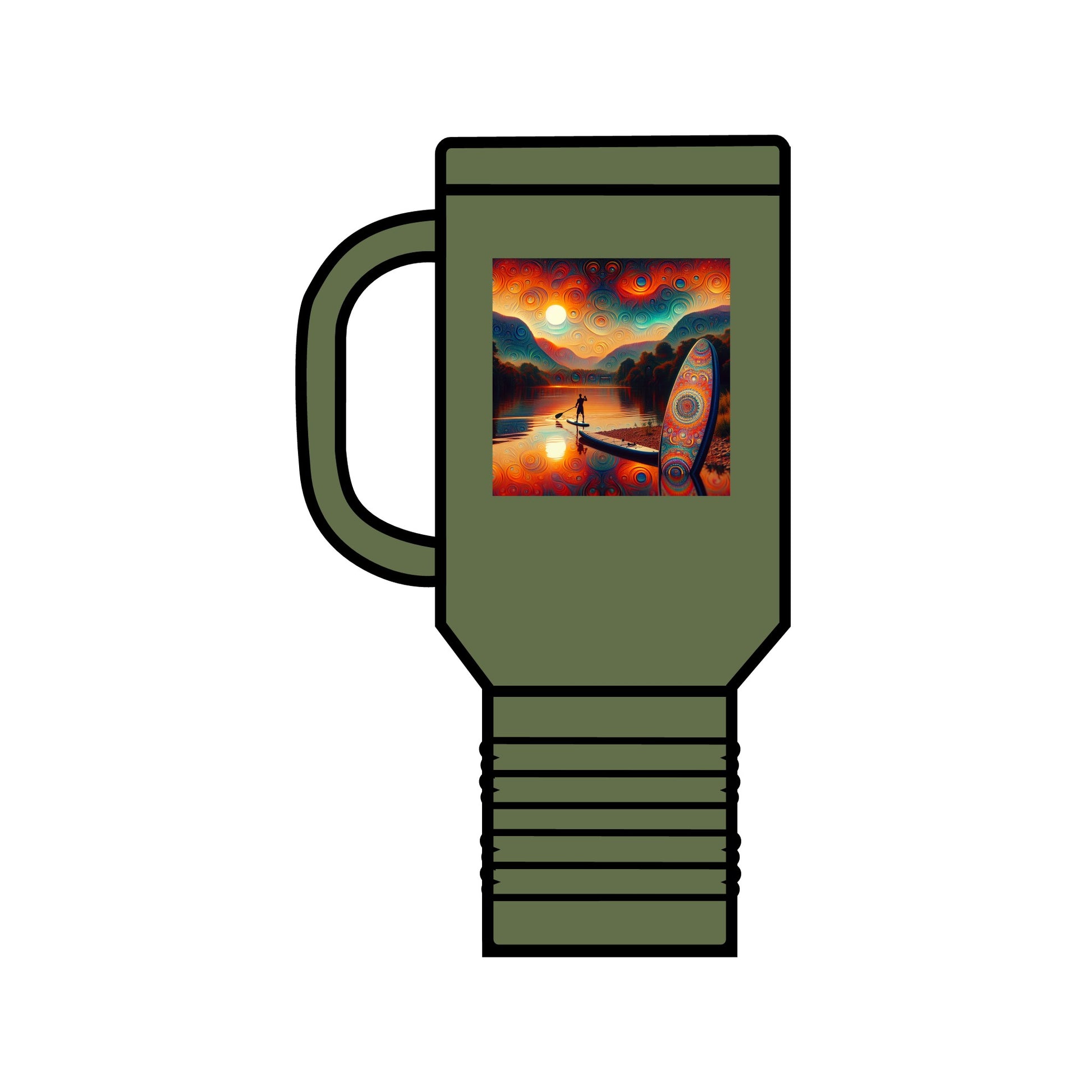 Fantasy Paddleboarding 40Oz Insulated Travel Mug in olive green, showcasing beautiful artwork inspired by serene paddleboarding scenes, ideal for luxury outdoor experiences.