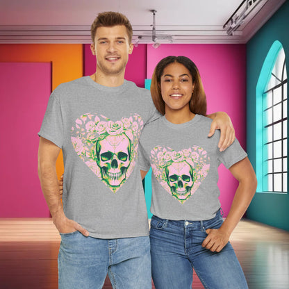 Man and woman wearing the Skulls and Roses Cotton Tee in soft grey, proudly displaying the unique skull and rose heart design, ideal for stylish couples.