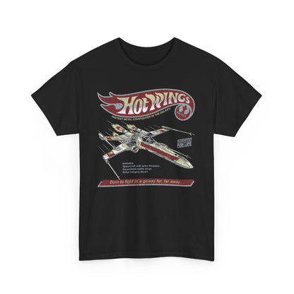 Hot Wings Starfighter T-Shirt featuring a vibrant retro design of a rebel starfighter, showcasing 'Hot Wings' text and intricate graphics, perfect for fans of vintage galactic apparel.