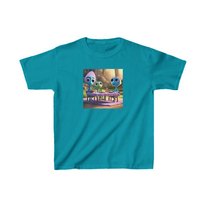 Kids Cute Aliens Heavy Cotton Tee in bright turquoise, displaying charming alien characters at play, ideal for inspiring creativity in stylish young explorers.