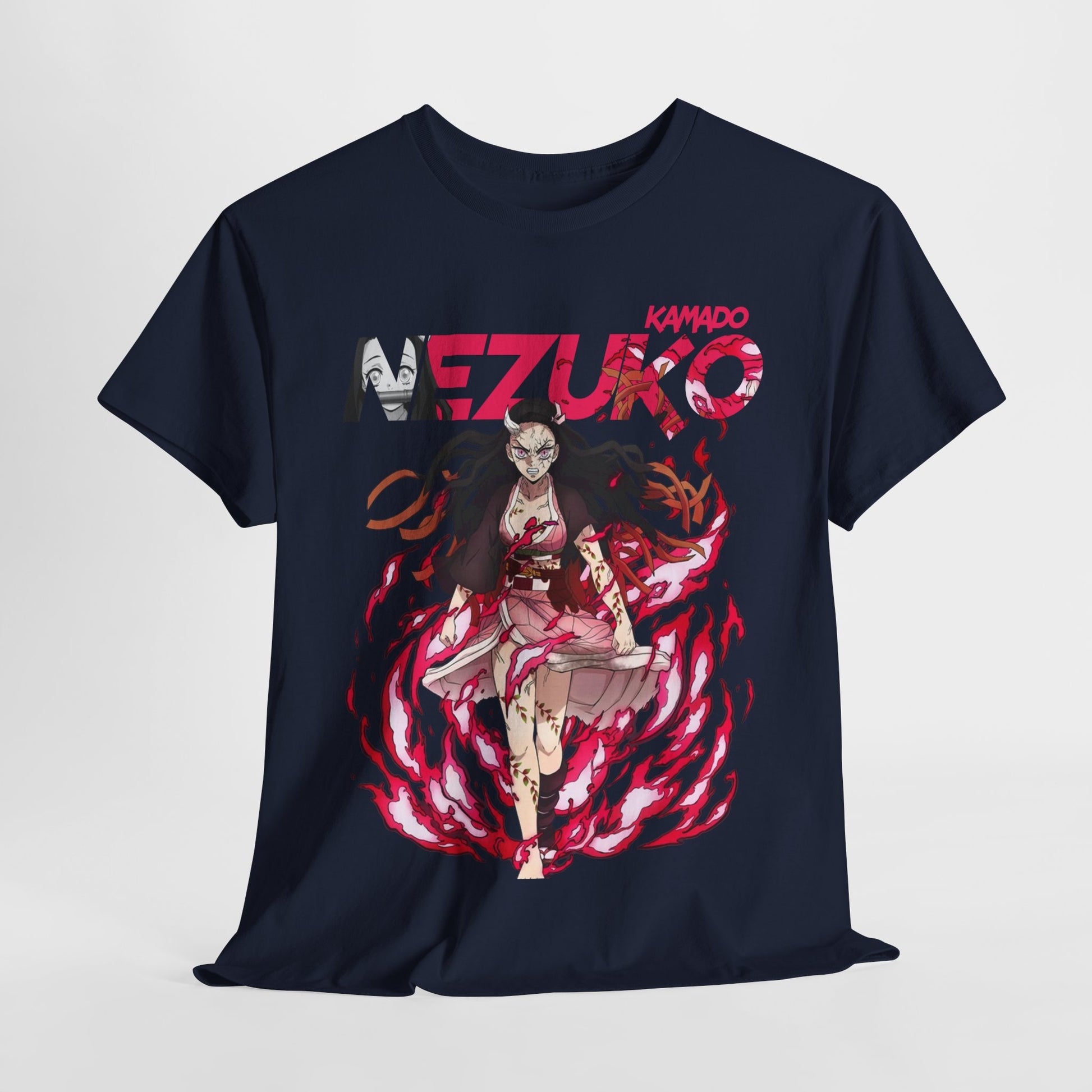 Elegant Nezuko Kamado T-shirt showcasing a bold graphic of a striking female character in vivid colours against a deep navy backdrop.