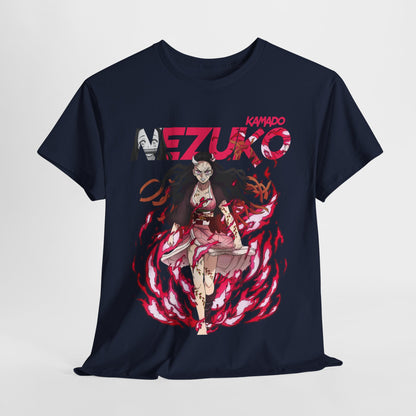 Elegant Nezuko Kamado T-shirt showcasing a bold graphic of a striking female character in vivid colours against a deep navy backdrop.