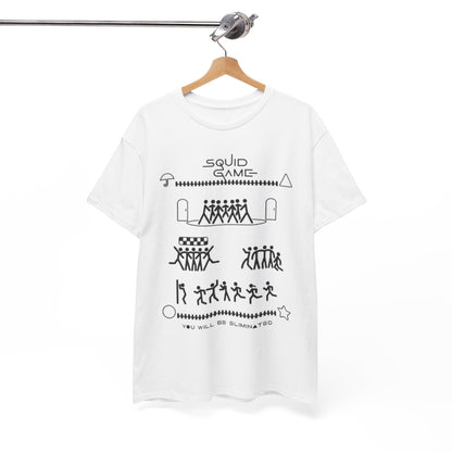 Chic hanging white graphic tee with 'Squid Game' elements, epitomising street style elegance.