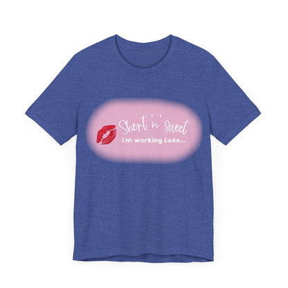 Sabrina Carpenter Inspired Unisex Short Sleeve Tee featuring a vibrant lipstick print on a rich blue fabric, perfect for lovers of style and music.