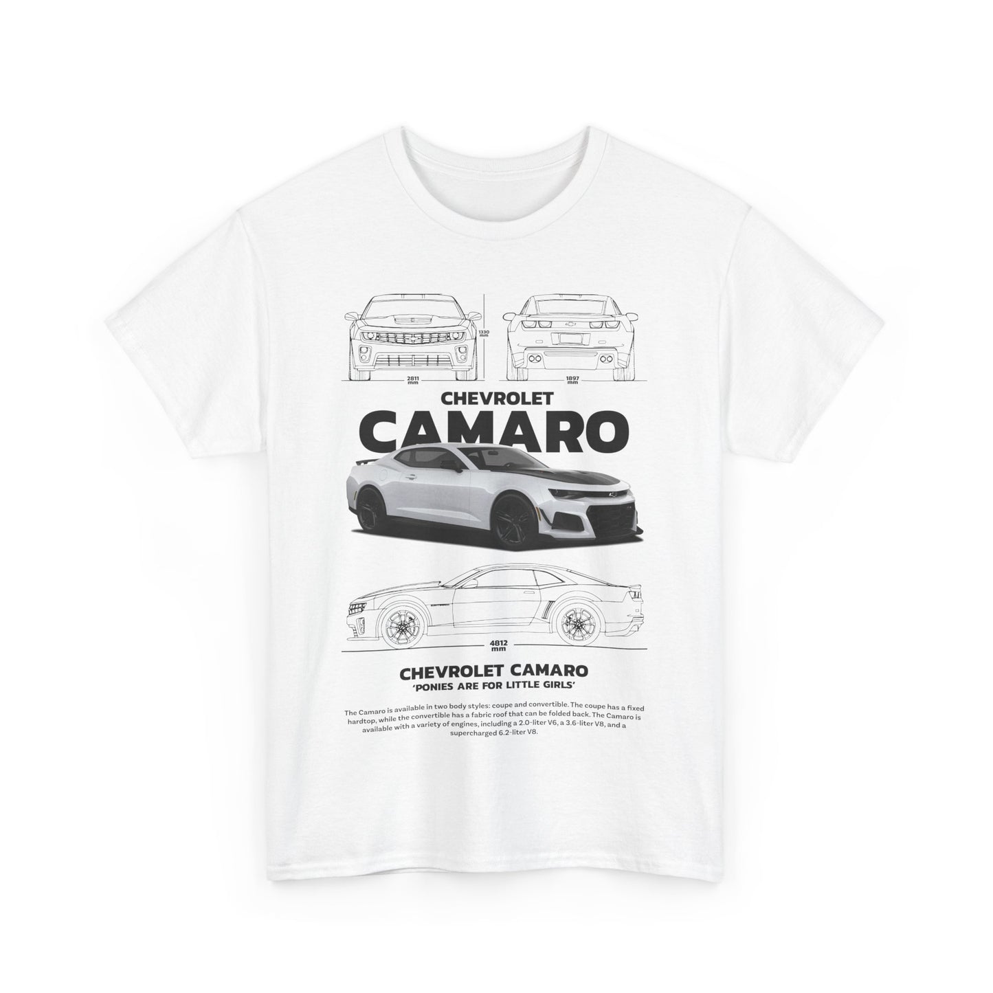 Men's Camaro Technical Drawing T-Shirt featuring a detailed Chevrolet Camaro design against a white backdrop, showcasing intricate line art of the car's front, rear, and side views.