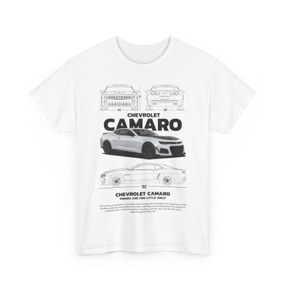 Men's Camaro Technical Drawing T-Shirt featuring a detailed Chevrolet Camaro design against a white backdrop, showcasing intricate line art of the car's front, rear, and side views.