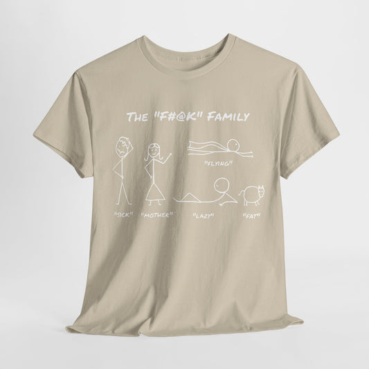 Stylish unisex cotton t-shirt in light beige displaying the "THE FAMILY" graphic, featuring playful stick figures labelled "SICK", "MOTHER", "FLYING", "LAZY", and "FAT" for a touch of minimalist satire.