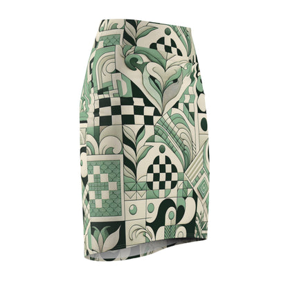 Vivienne Lacroix Pastel Green Pencil Skirt with checkerboard motifs and organic shapes displayed elegantly, showcasing the exquisite craftsmanship by Dazzling Dreams Studio.