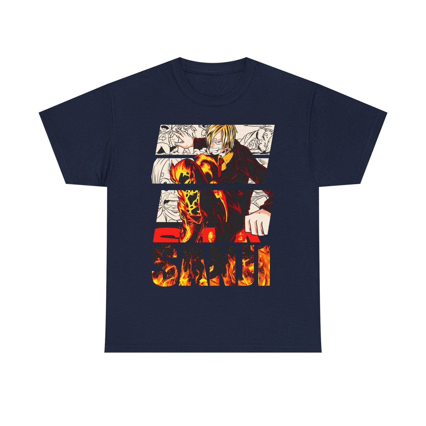 Elegant navy blue graphic t-shirt showcasing a striking image of Sanji from anime, designed with vibrant flames and bold lettering for anime aficionados.